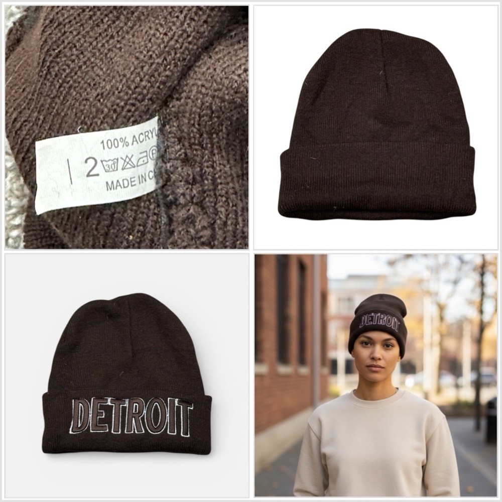 Beanie Hat Unisex Rolled Cuffed Knit Adult Logo Brown DETROIT